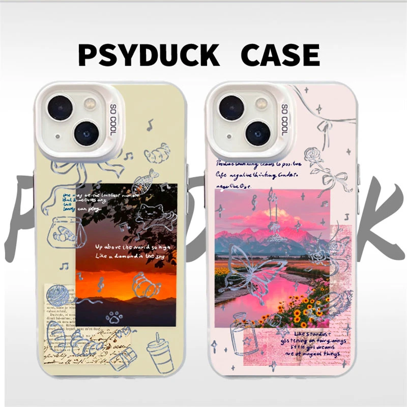 适用苹果华为一加小米夕阳小猫彩银白底卡通动漫防摔手机壳