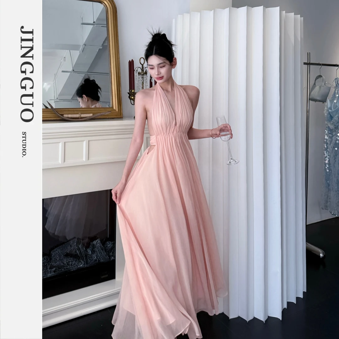 【JINGGUO轻奢】小众设计法式度假风挂脖露背收腰显瘦连衣裙7371