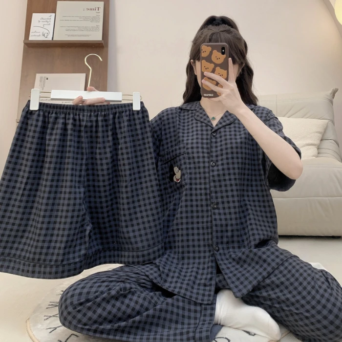 【米奇格子】新款睡衣简约宽松夏季短袖短裤长裤家居服女韩版三件套