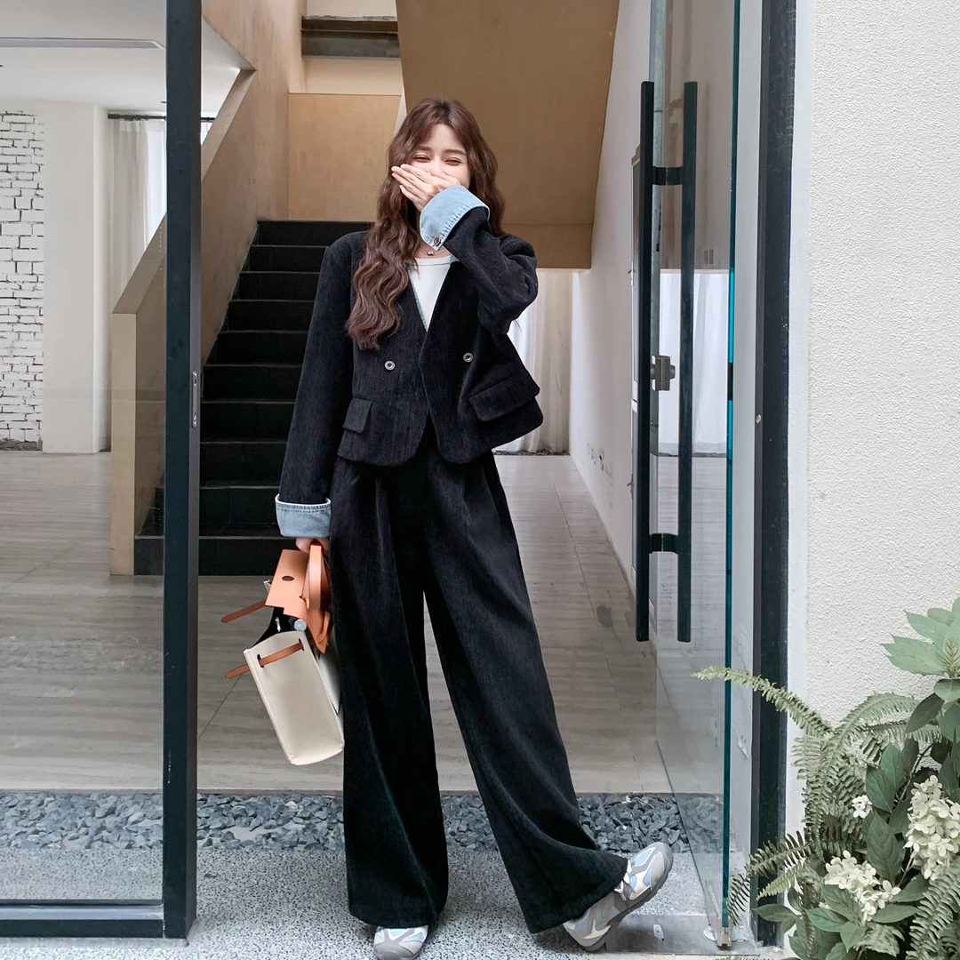 设计感时尚气质减龄套装女2025春秋新款牛仔拼接外套阔腿裤两件套