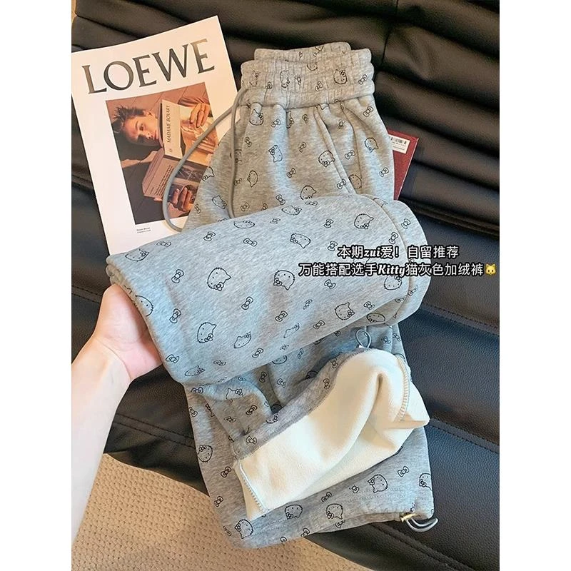 满印灰色Kitty猫印花阔腿卫裤女冬季新款日常通勤加厚保暖休闲裤
