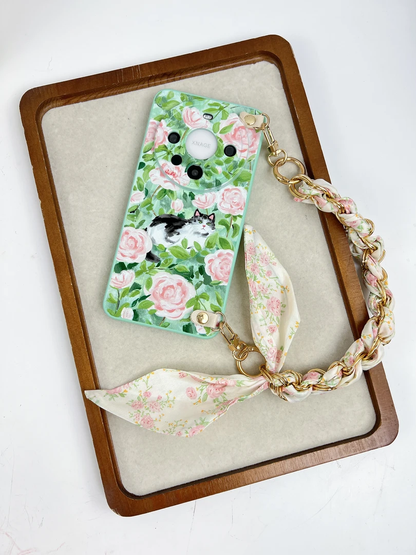 原创小众复古花园小猫丝巾腕带适用华为mate70pro手机壳