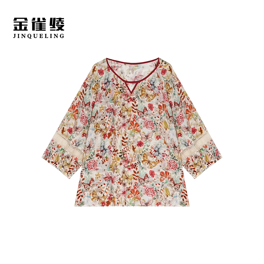 金雀绫【午后花园】100桑蚕丝镂空显瘦透气大码女装小衫SZA1S234