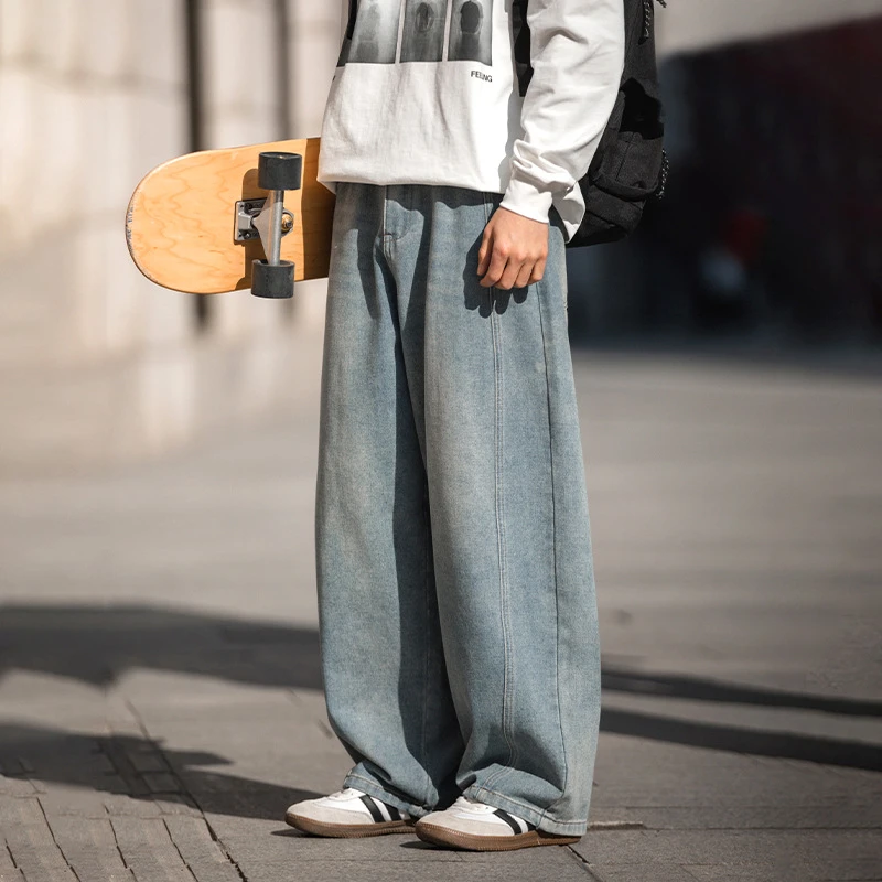 ZG 做旧水洗牛仔裤男春季新款分割拼接设计弯刀裤复古宽松廓形裤