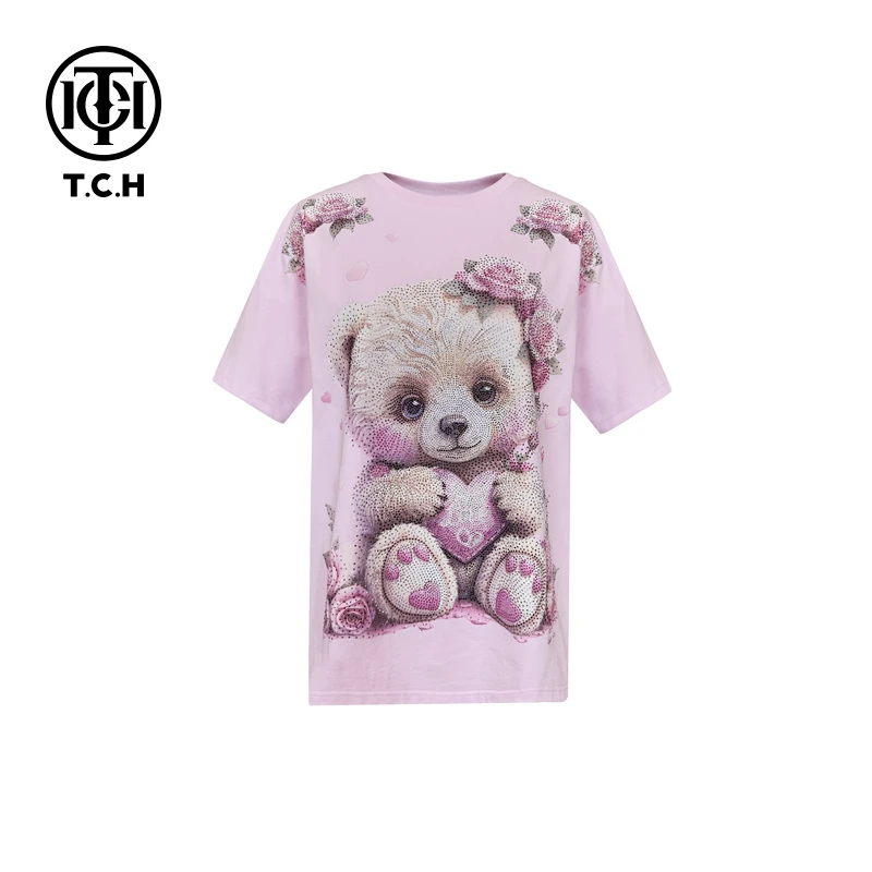 TCH轻奢烫钻工艺时尚休闲百搭舒适卡通T恤女T75B10E9005私服tch