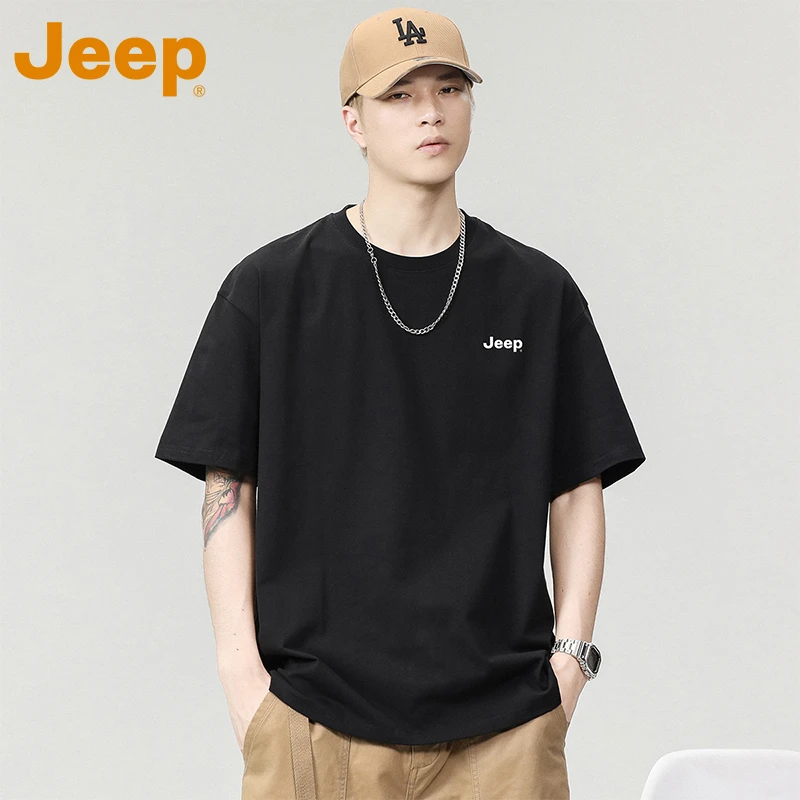 JEEP吉普纯棉男士短袖t恤男生男装夏季潮牌体恤衫宽松上衣服男款