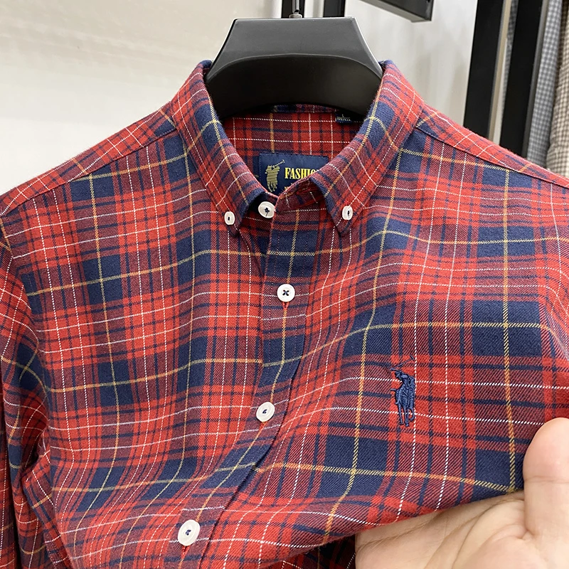 John Bunni轻奢100%纯棉磨毛格子长袖衬衫男士秋季刺绣休闲上衣