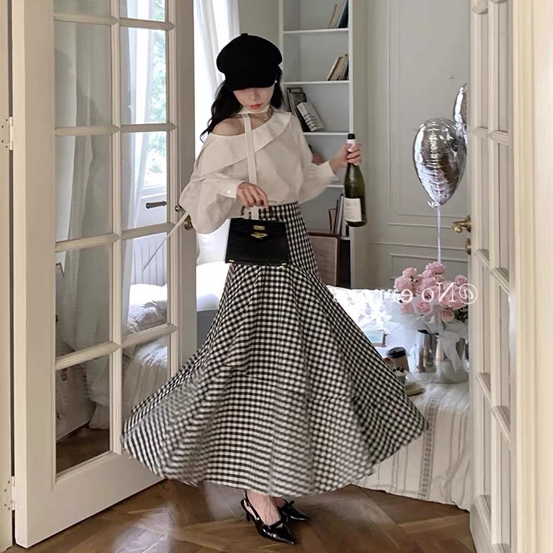 黑白格纹不规则花边半裙上衣 B625G13788