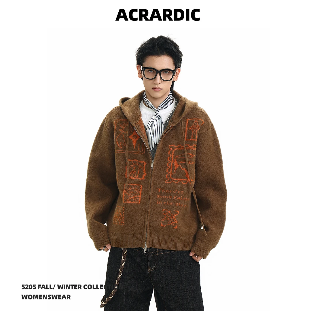 ACRARDIC美式时髦提花连帽毛衣男加厚vintage保暖开衫针织衫外套