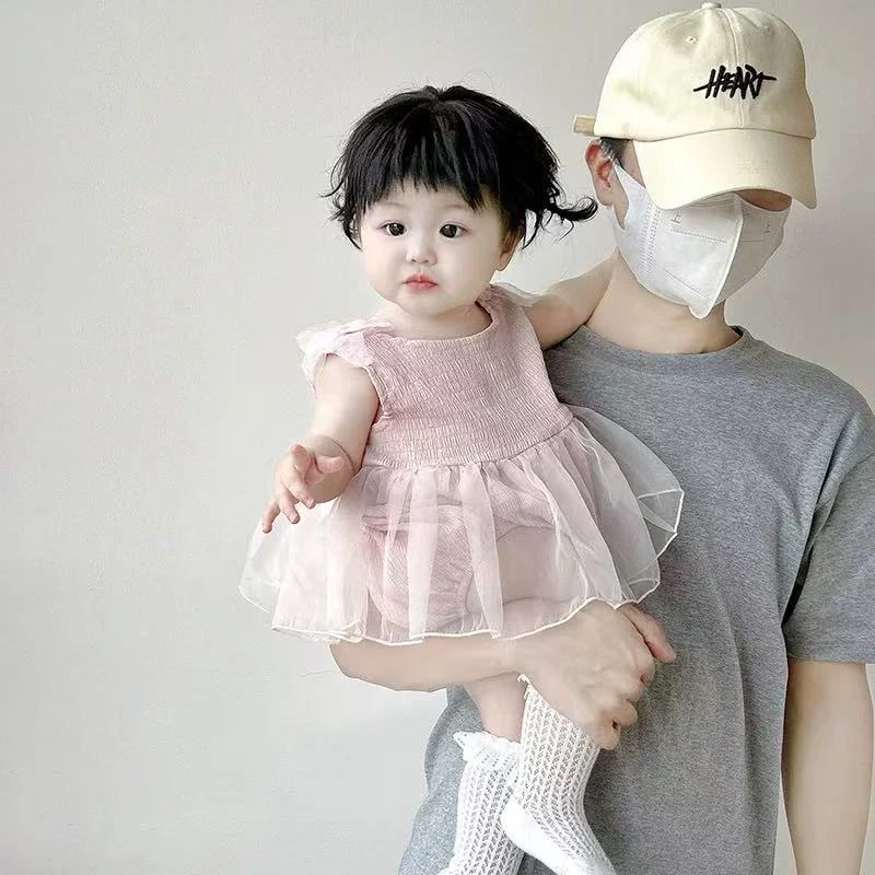 新款婴幼儿女宝宝套装包屁衣洋气公主爬服短袖网纱拼接薄款甜美风