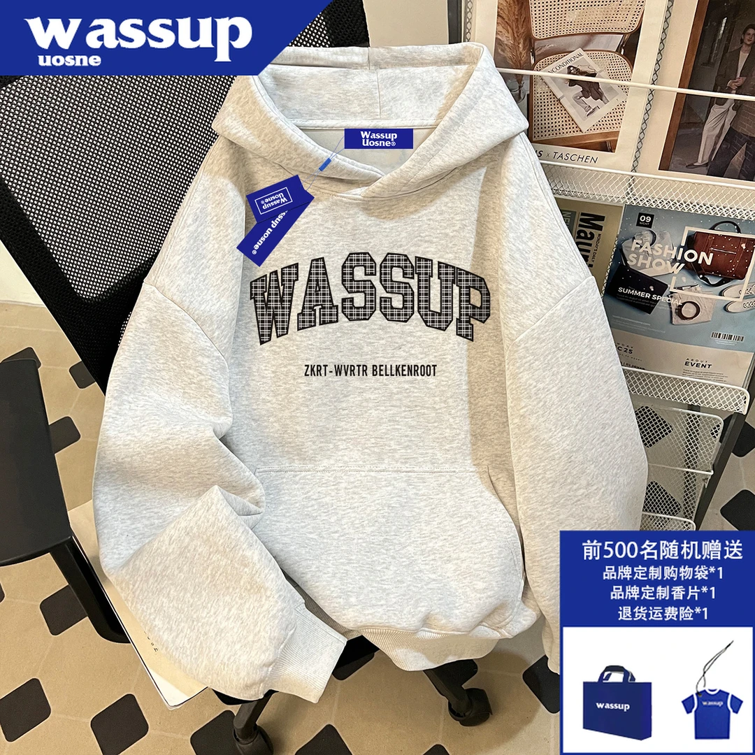 美式高街字母印花连帽卫衣男秋冬加绒cleanfit潮流百搭设计感上衣