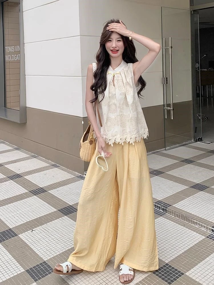新中式休闲温柔无袖背心套装女2025夏季新款高腰宽松阔腿裤两件套