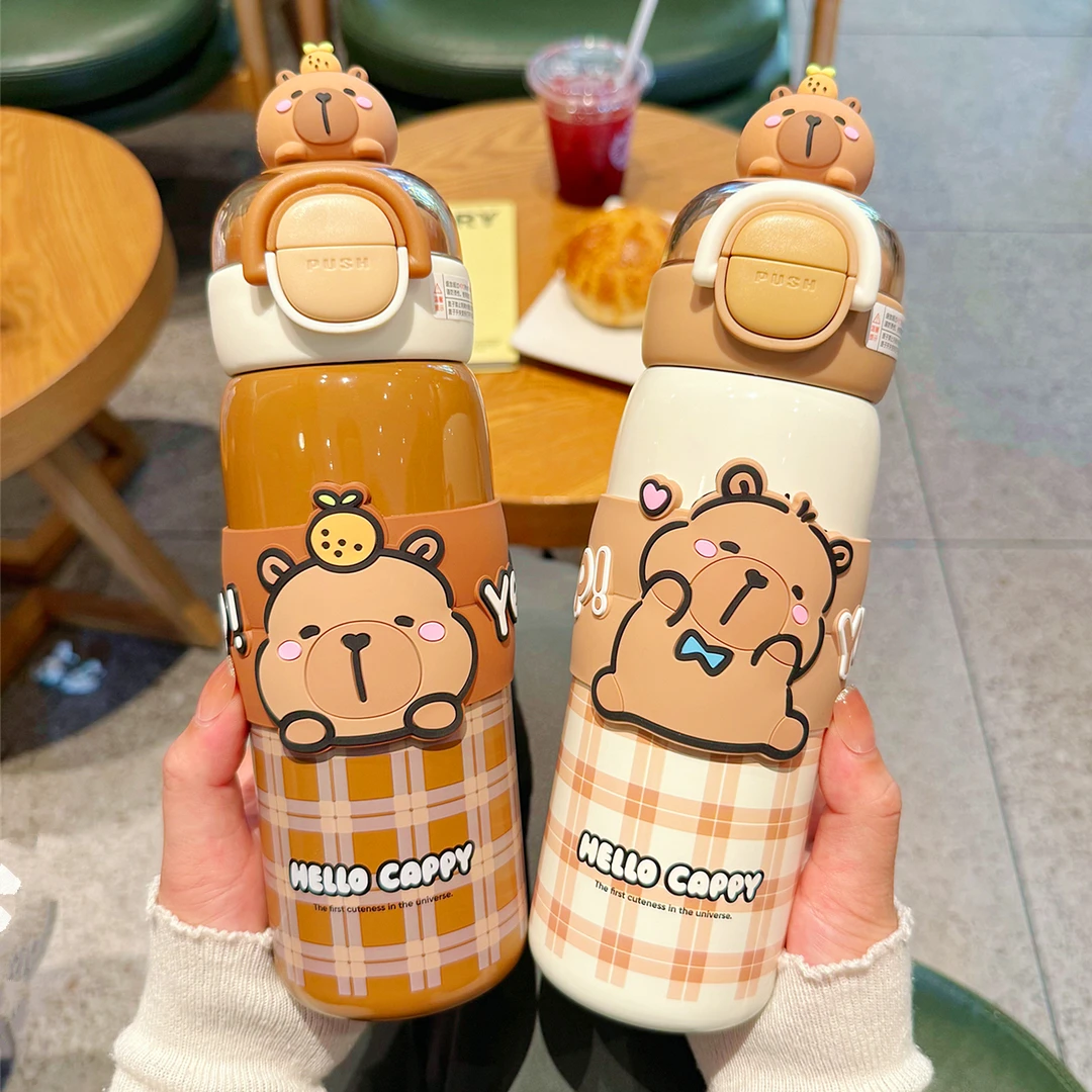 卡皮巴拉316L双饮保温杯学生上学专用吸管水杯男女儿童便携杯子