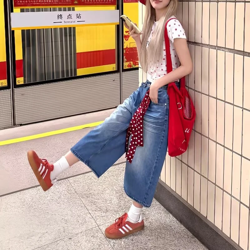 大码美式复古宽松水洗直筒牛仔短裤男女街头做旧休闲阔腿七分裤潮