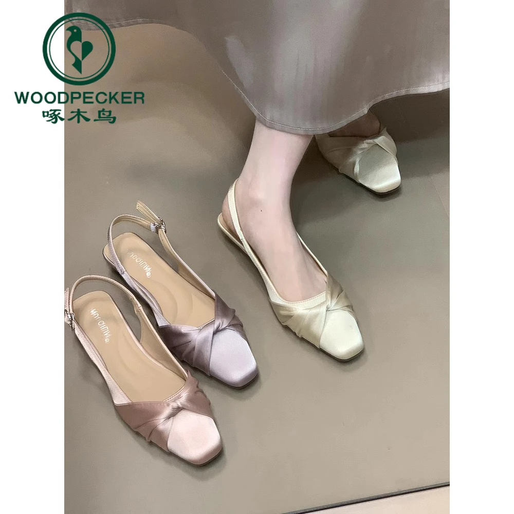 啄木鸟小香风蝴蝶结缎面拼接包头夏秋凉鞋女仙女风温柔后绊带单鞋