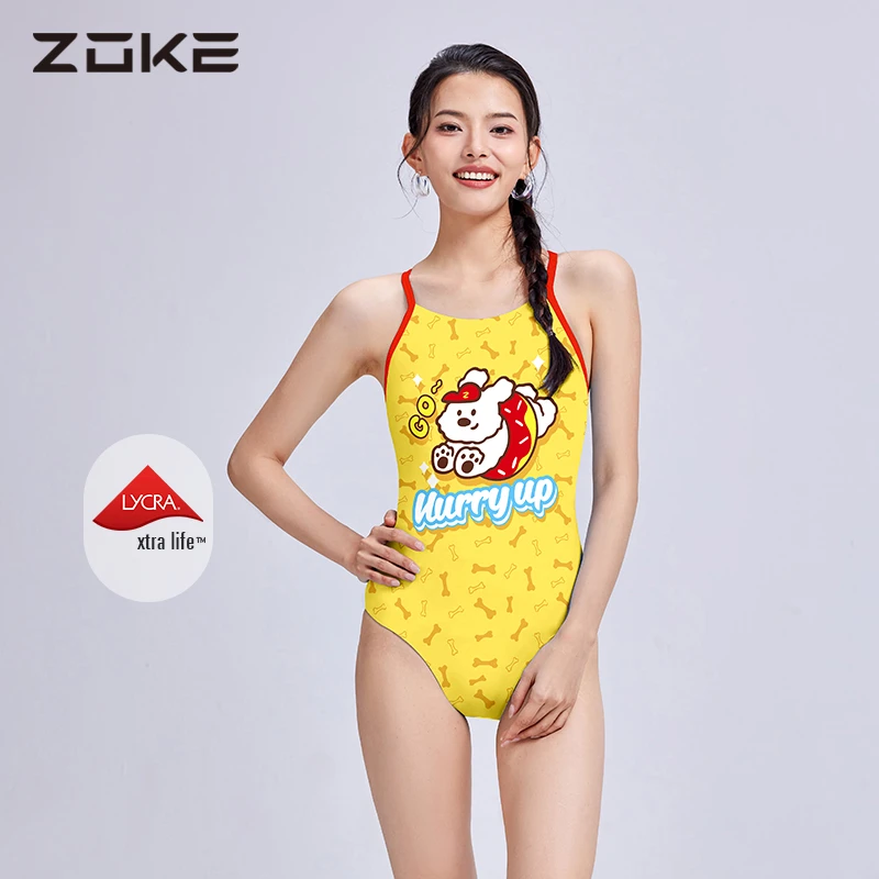 洲克女款泳衣竞速训练游泳衣zoke小狗快跑专业竞技三角温泉泳衣