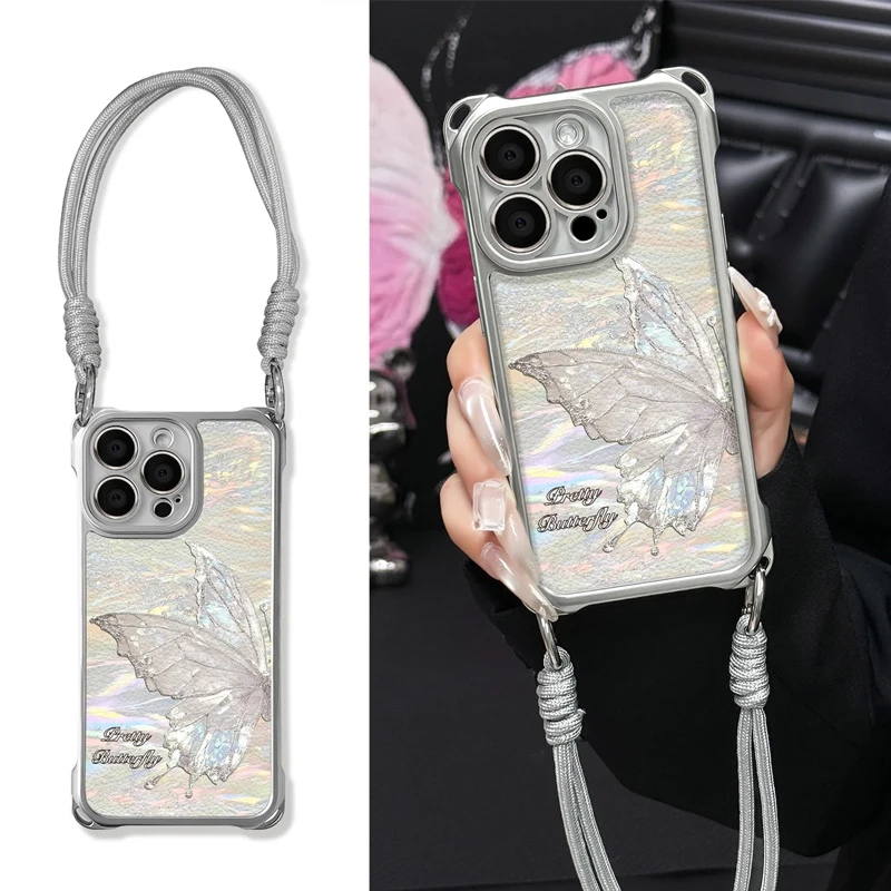欧克里里高级流光蝴蝶适用苹果16四角挂绳手机壳华为OPPO小米VIVO