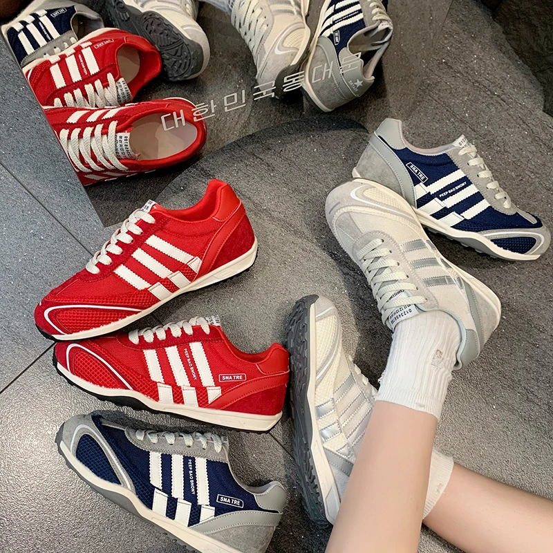 复古拼色休闲鞋秋季爆款软底隐形内增高透气德训鞋女款舒适阿甘鞋