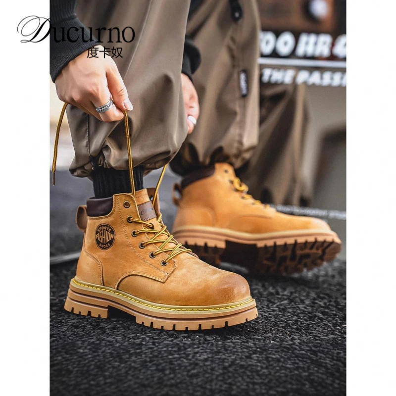 潮牌马丁靴男冬季高帮鞋英伦风厚底情侣大黄靴透气休闲中帮工装靴