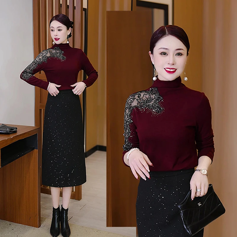 时尚打底衫女士早春季烫钻设计感镂空气质百搭春秋半高领长袖上衣