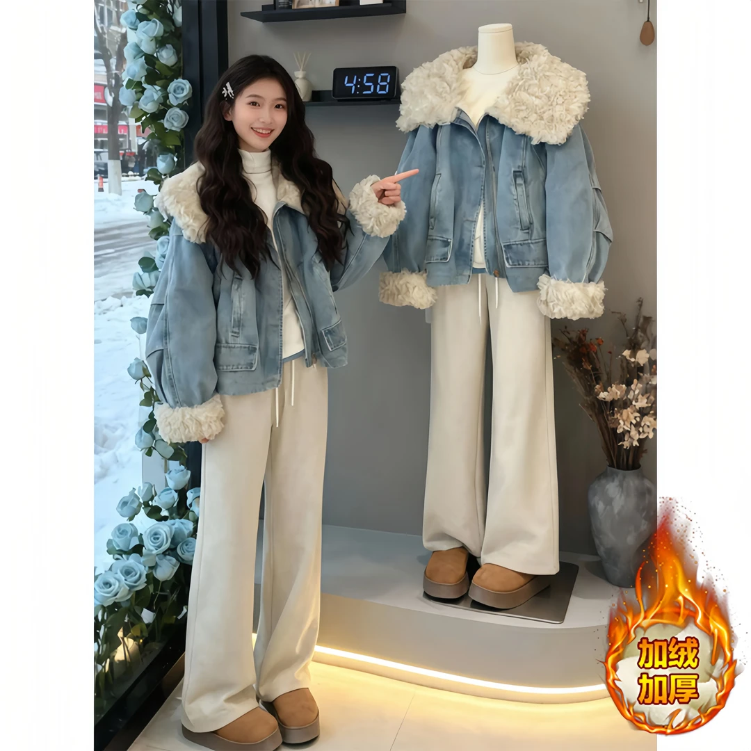 冬季2025新款高端设计感牛仔翻领女短外套加厚百搭保暖外套