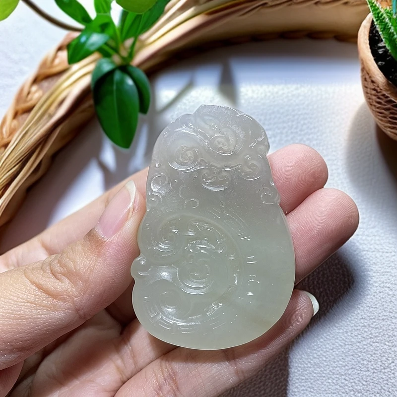 天然和田玉青海料烟紫双色龙凤呈祥挂件吊坠52-35-8