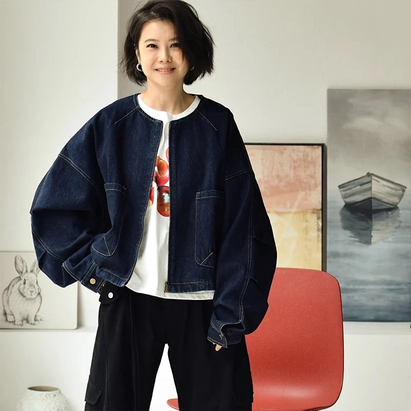 韩版宽松明线大兜圆领短款牛仔外套女帅气大女主拉链春秋上衣