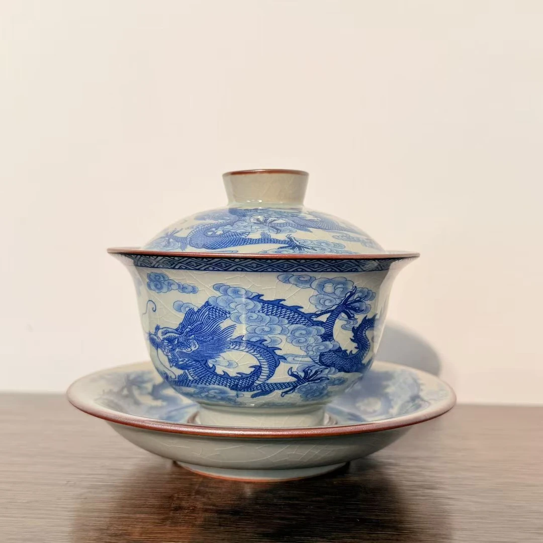 景德镇老陶泥重工九龙至尊版元宝三才盖碗（容量约160ml）