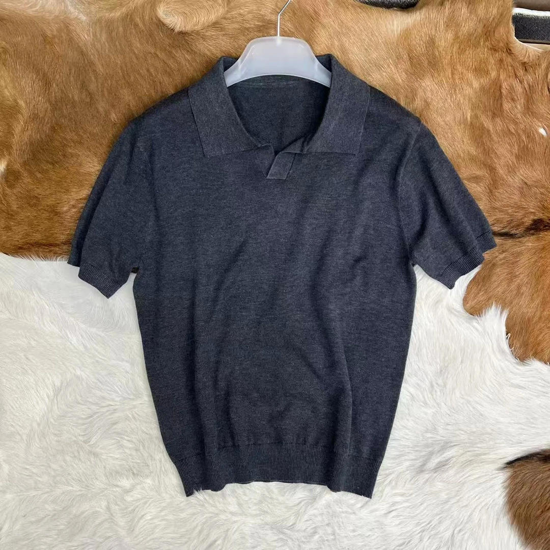 高级感 100%全羊毛 贴服柔软 男士商务翻领针织短袖T恤衫