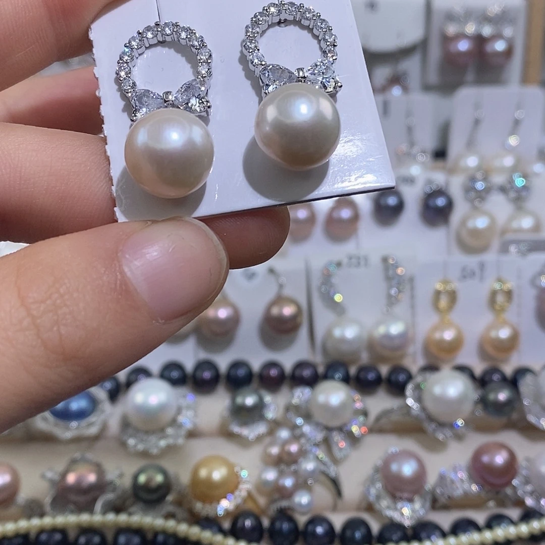 淡水珍珠银S925镶嵌耳饰12mm