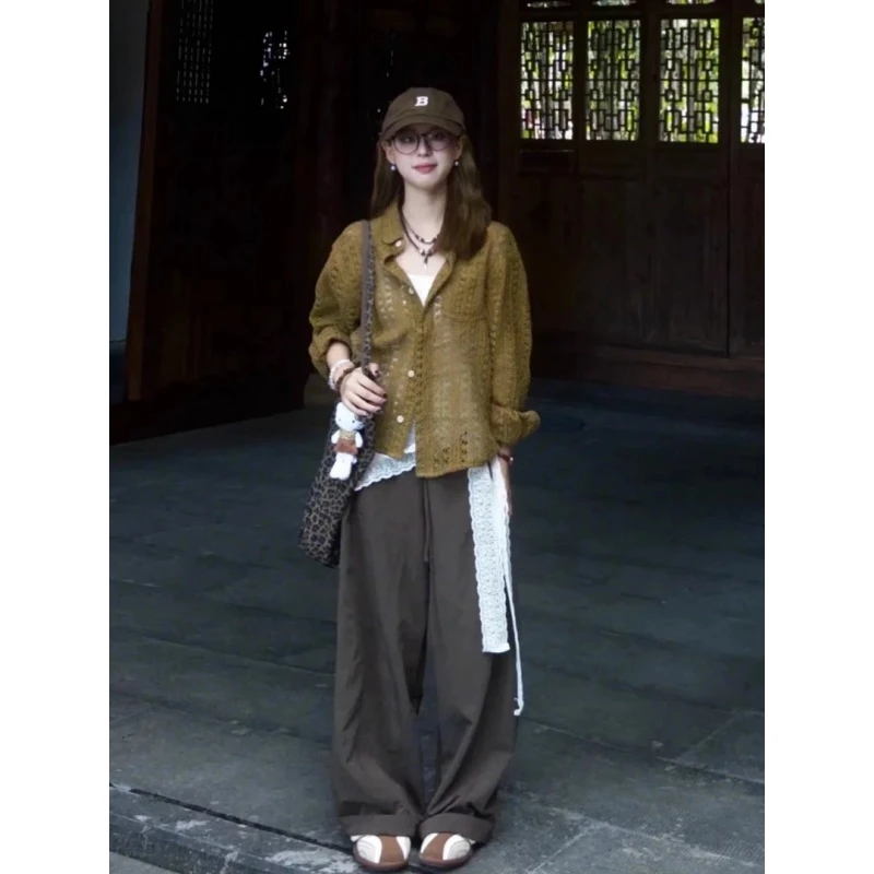 巨好看的早秋一整套韩系穿搭镂空橄榄绿针织衫灰色休闲裤套装女秋