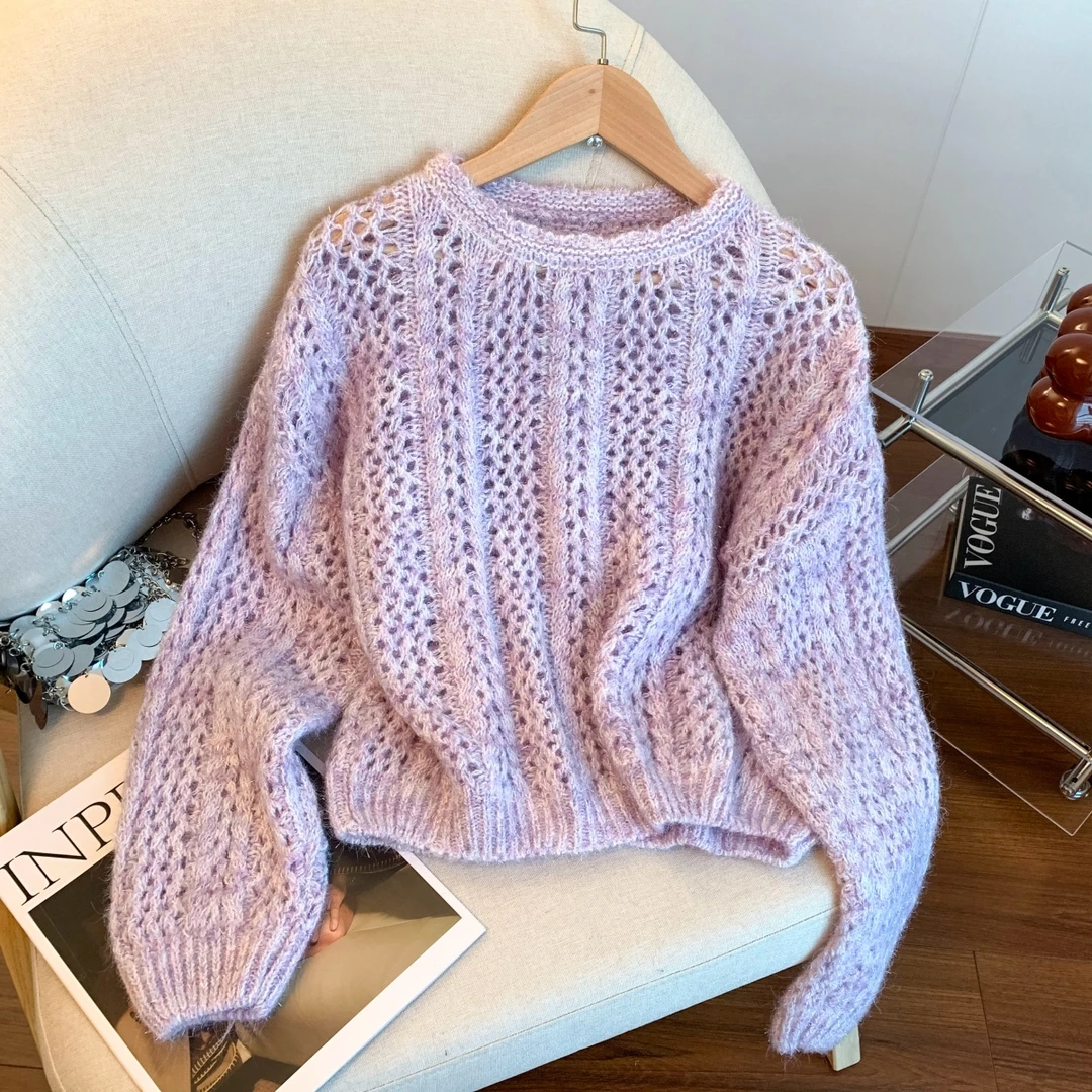 自留款推荐~温柔风圆领镂空长袖针织衫女秋季款宽松慵懒百搭毛衣