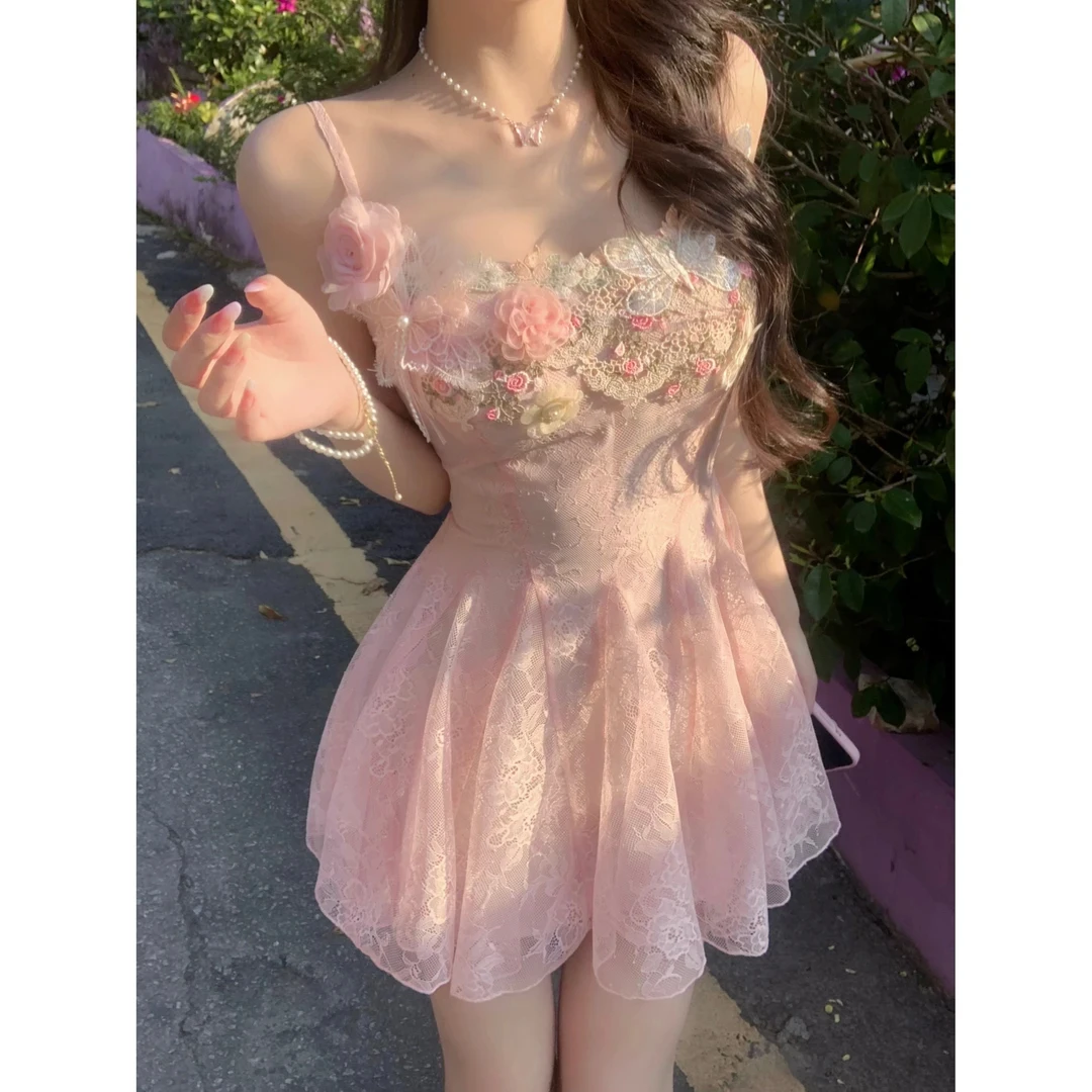【清货】甜美温柔仙气收腰长款连衣裙花朵蕾丝吊带裙子夏天连衣裙