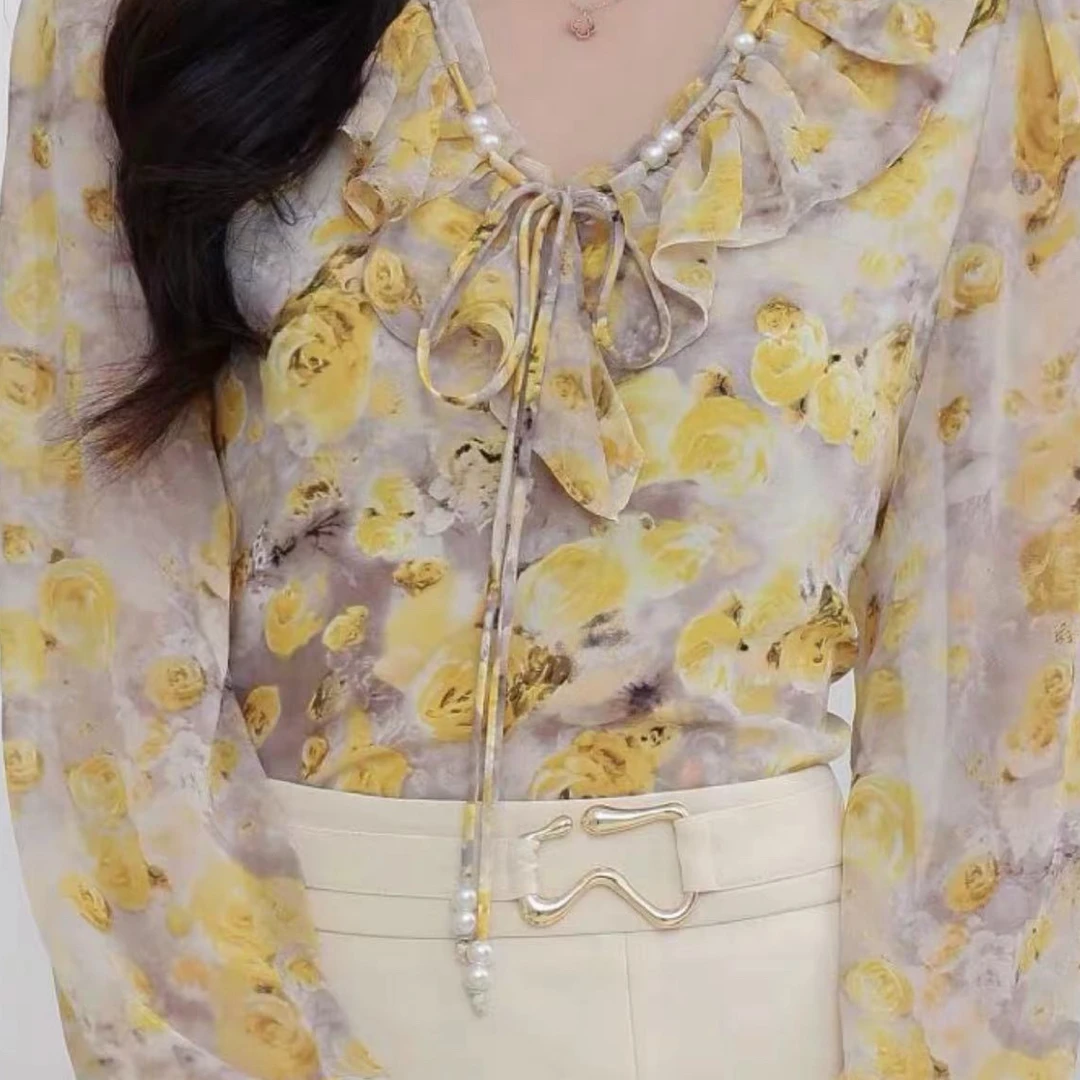 减龄百搭立领长袖黄色花边衬衫女夏木耳边O2