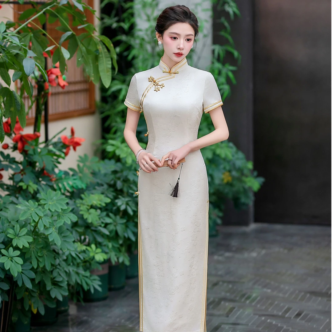 素锦流年夏季新款高级提花中国风缎丝旗袍手工长款旗袍气质显瘦