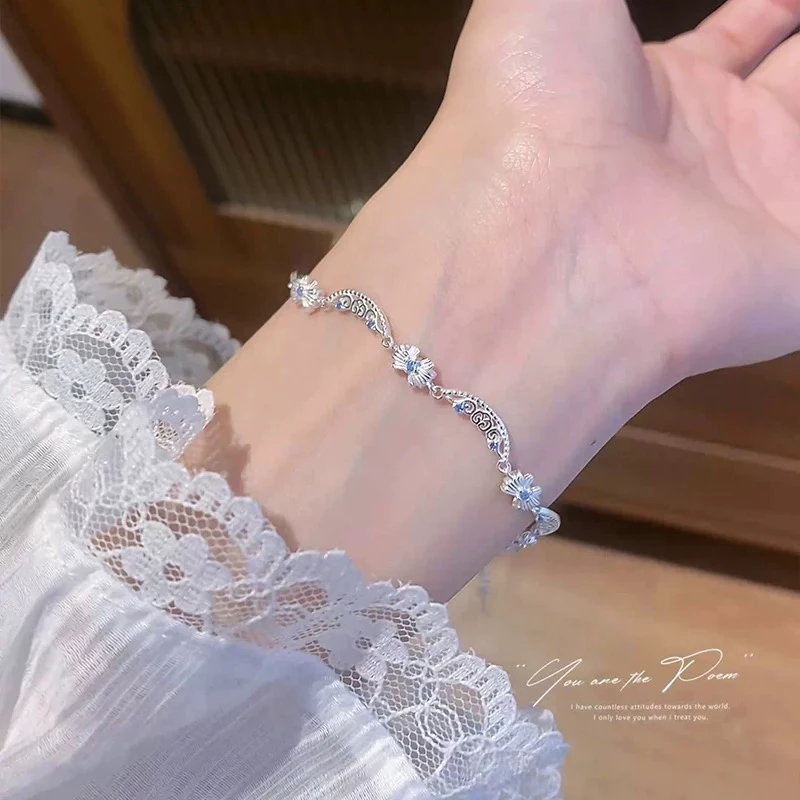 足银手链 甜美蝴蝶结手链女小众设计轻奢镶嵌粉/蓝色锆石精致