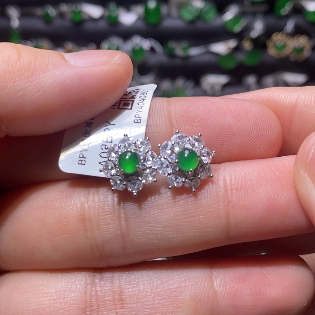 翡翠耳饰银S925镶嵌天然翡翠