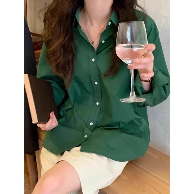 2025早秋新款慵懒风绿色长袖衬衫女气质百搭中长款宽松显瘦上衣潮