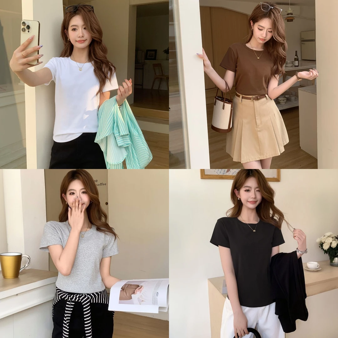 白色短袖t恤女2025新款夏季修身显瘦圆领打底半袖小个子正肩上衣