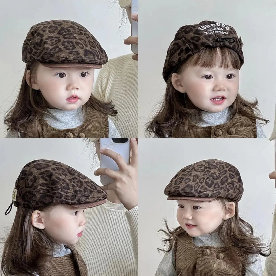 儿童帽子春秋款洋气豹纹前进帽男女宝宝反戴贝雷帽小孩复古画家帽