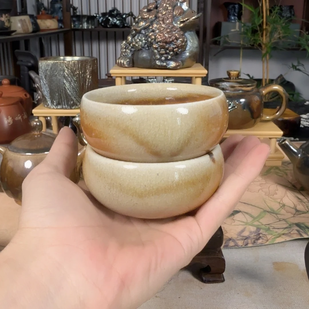 白泥柴烧冰裂纹主人杯80毫升2只到手3号