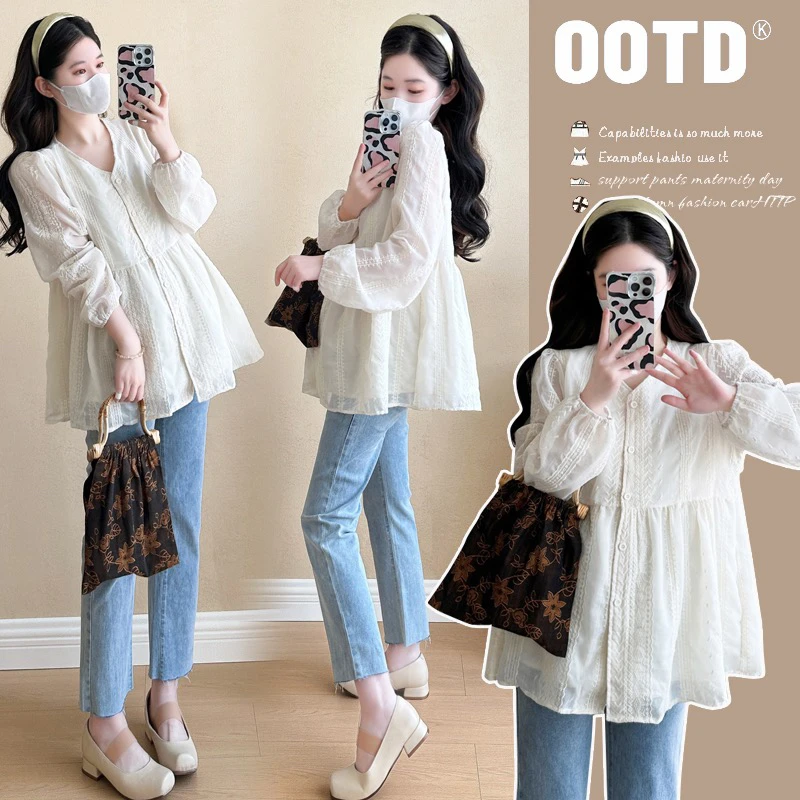 【仙女气质】实拍春秋季新款孕妇韩版V领蕾丝刺绣娃娃衫上衣长袖