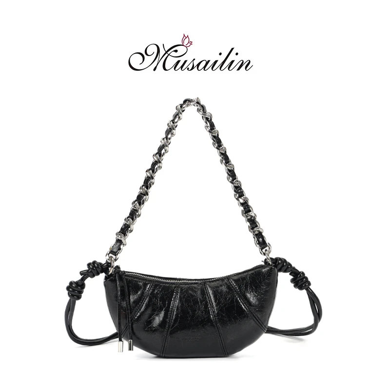 【高端定制】轻奢时尚羊角包爆裂纹百搭饺子包单肩斜挎包包M-1328黑