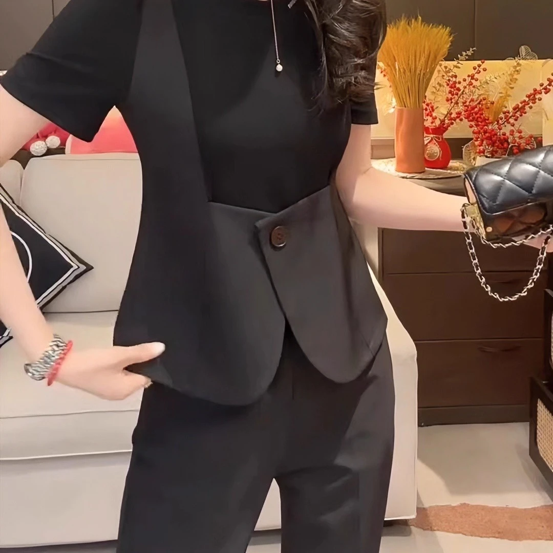 2025秋季新款韩版时尚女装气质休闲减龄拼接高腰显瘦西裤套装