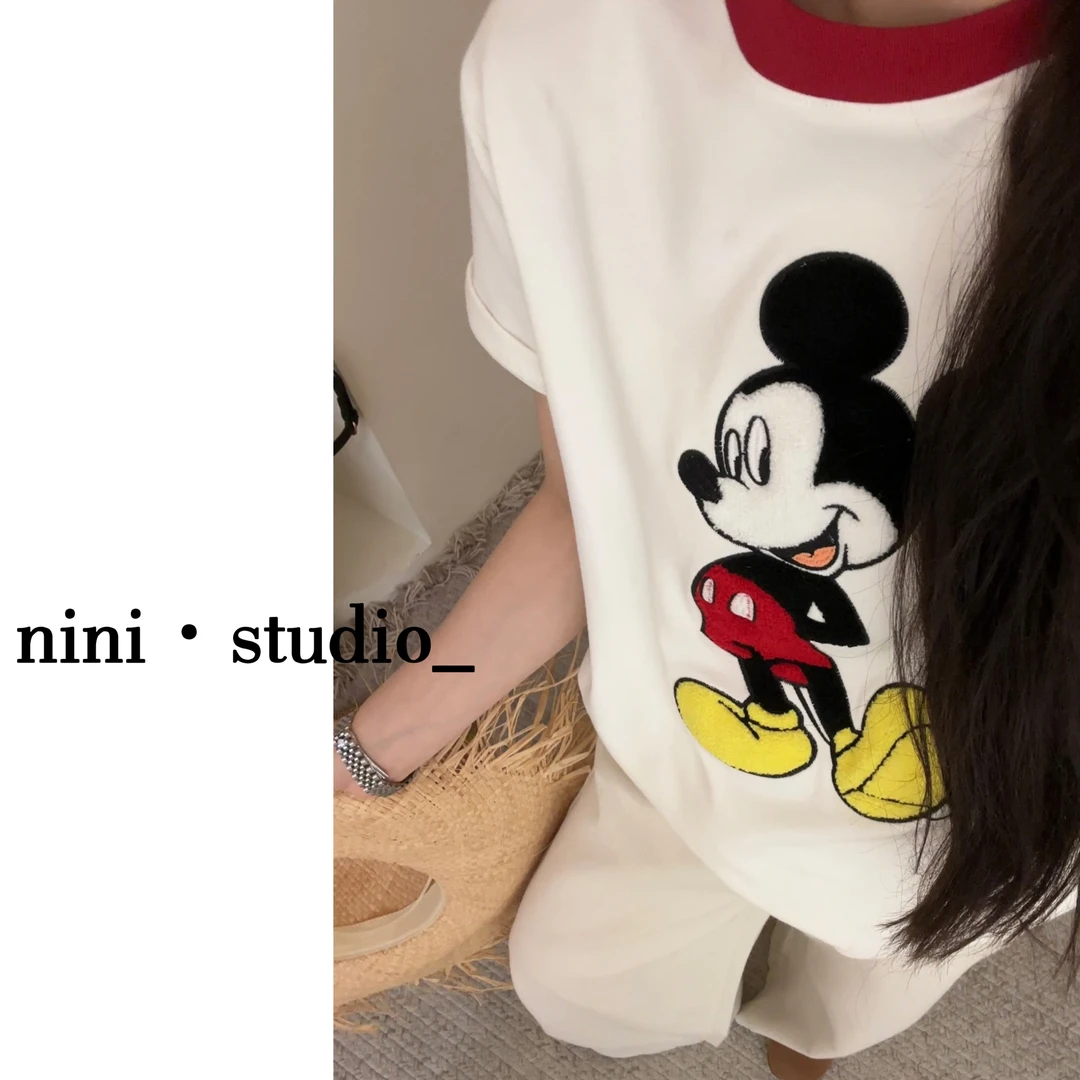 nini·春·米奇刺绣重工磨毛早春韩系短袖T恤