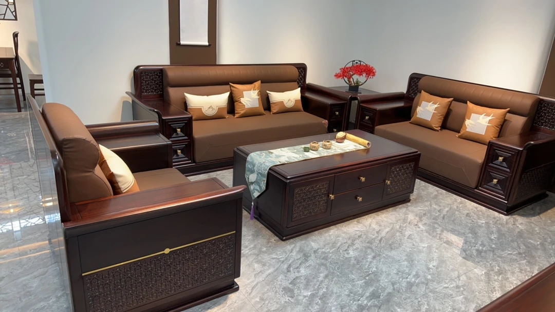 轻奢新中式客厅搭配黑檀木实木材质沙发茶几电视柜轻奢新中式家具