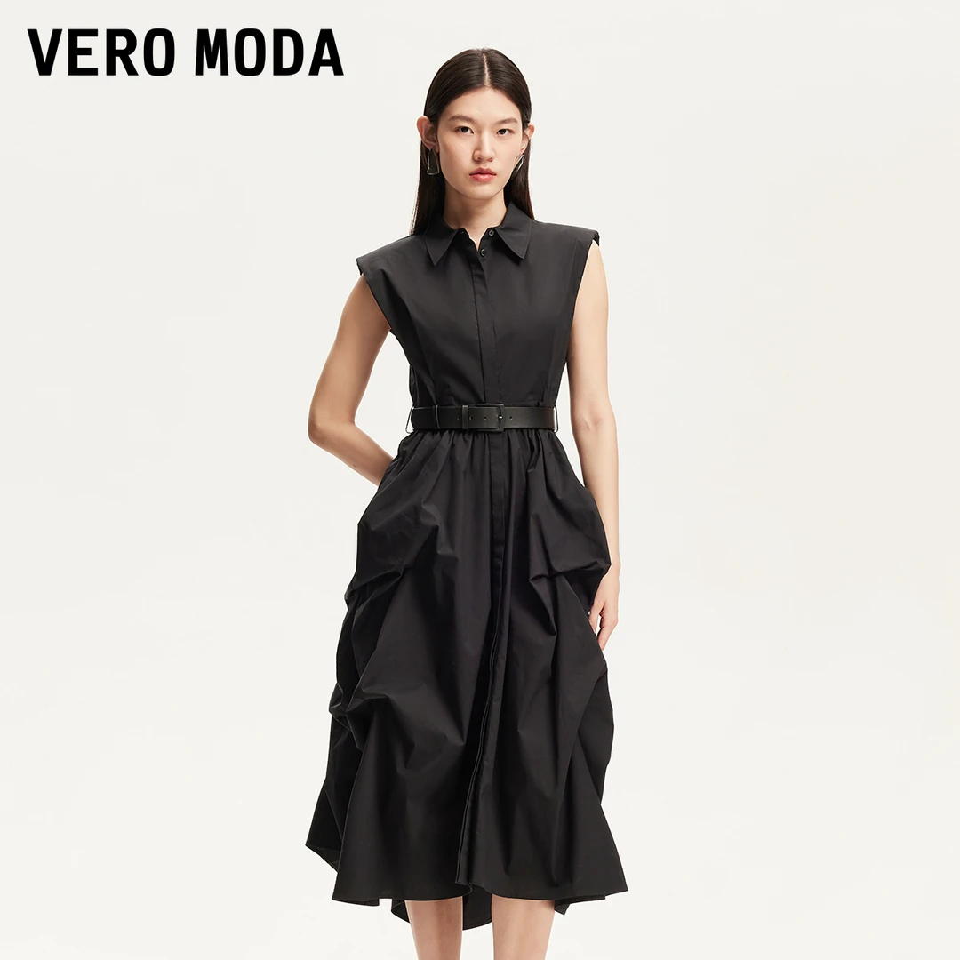 Vero Moda连衣裙女25夏日穿搭褶皱裙摆薄垫肩收腰老钱风3252SZ001