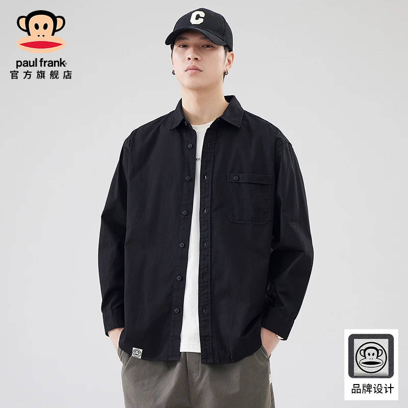 PaulFrank/大嘴猴复古宽松纯棉长袖衬衫男春秋款美式休闲工装衬衣