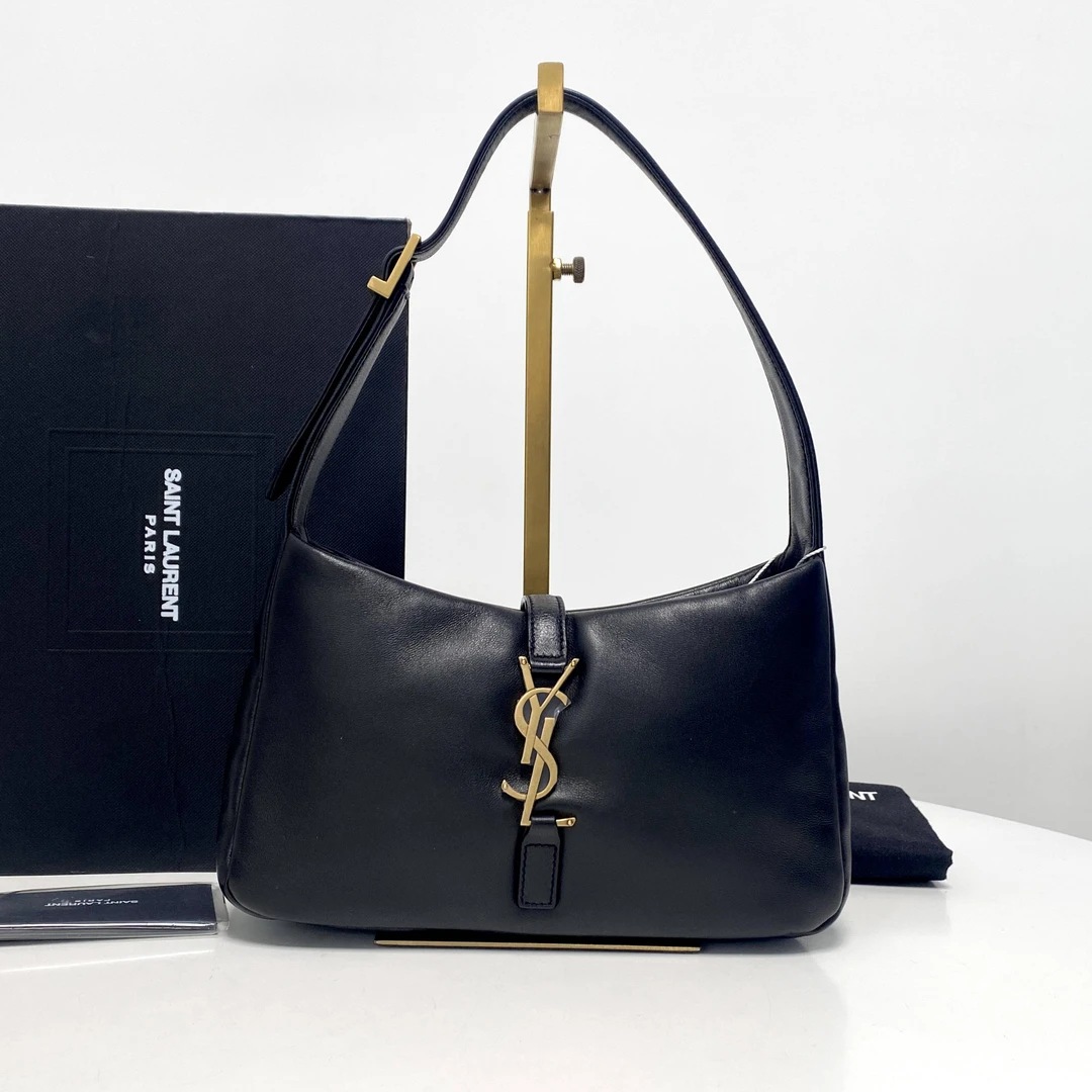 95新 YSL/圣罗兰 玺越奢品 YSL黑色hobo小羊皮单肩包 HBQW355