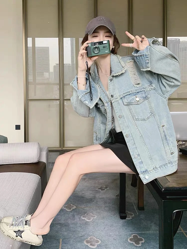 2025春秋新款复古做旧破洞浅色牛仔外套女小个子洋气炸街休闲上衣